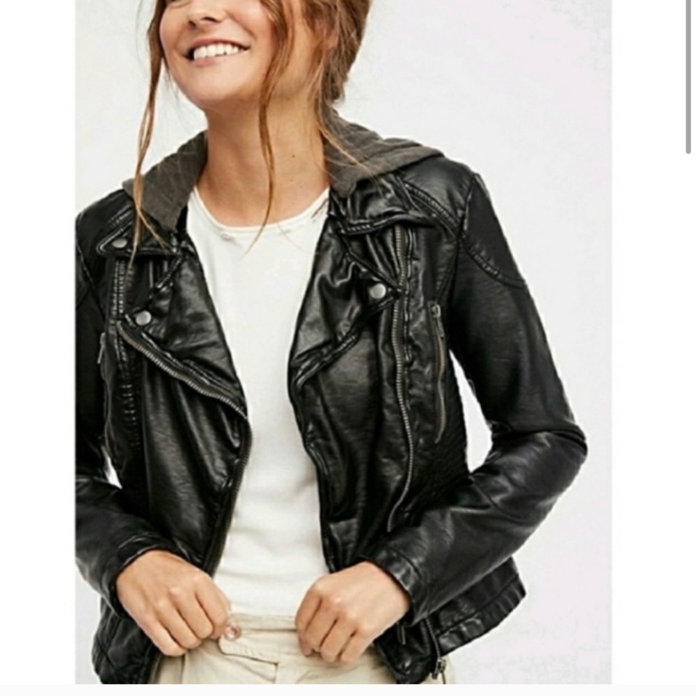 Free People Hooded Faux Leather Moto Jacket